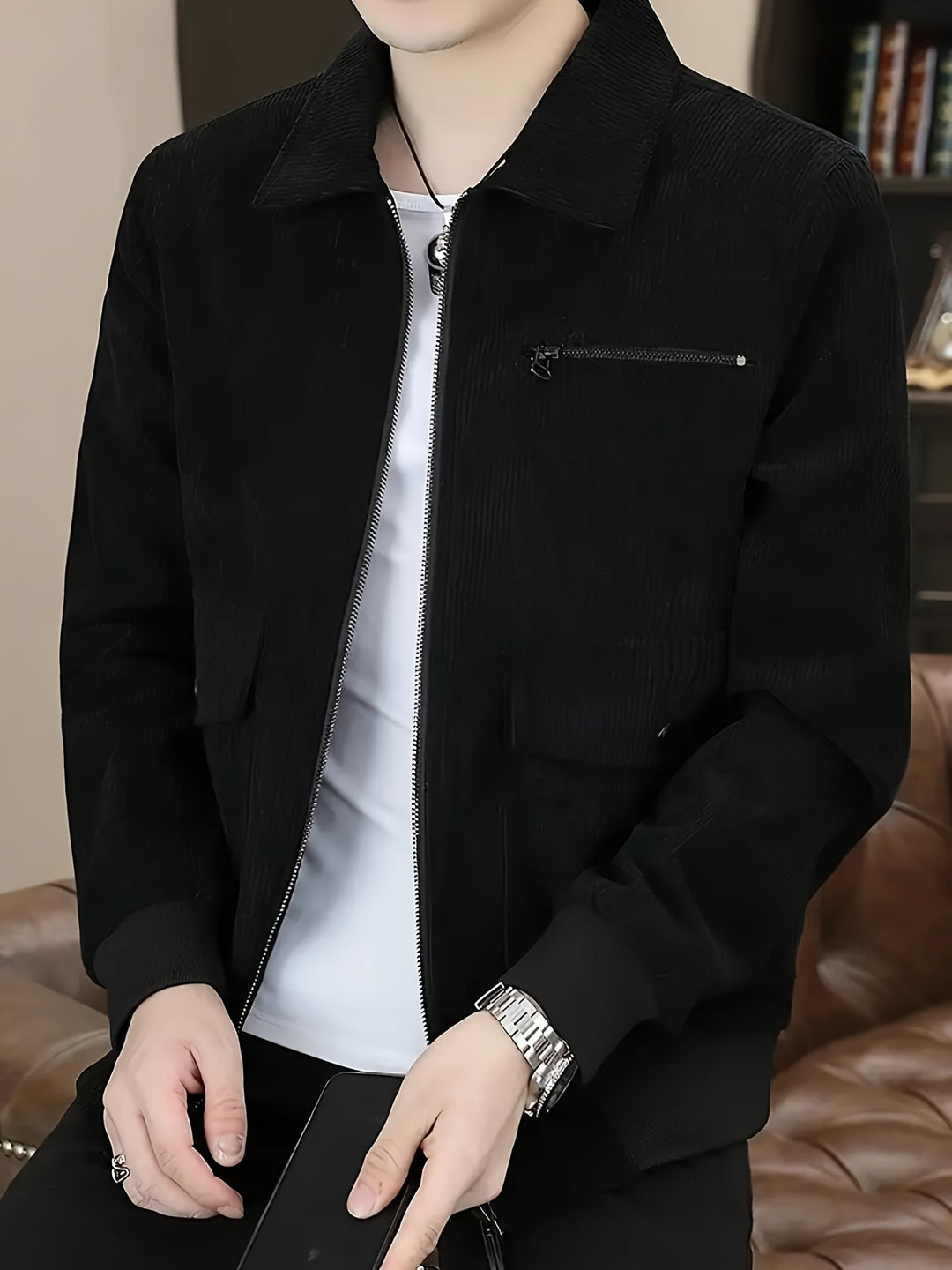 Men's Corduroy Jacket with Classic Collar and Zipper Closure