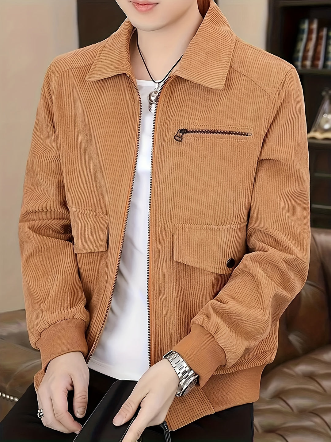 Men's Corduroy Jacket with Classic Collar and Zipper Closure