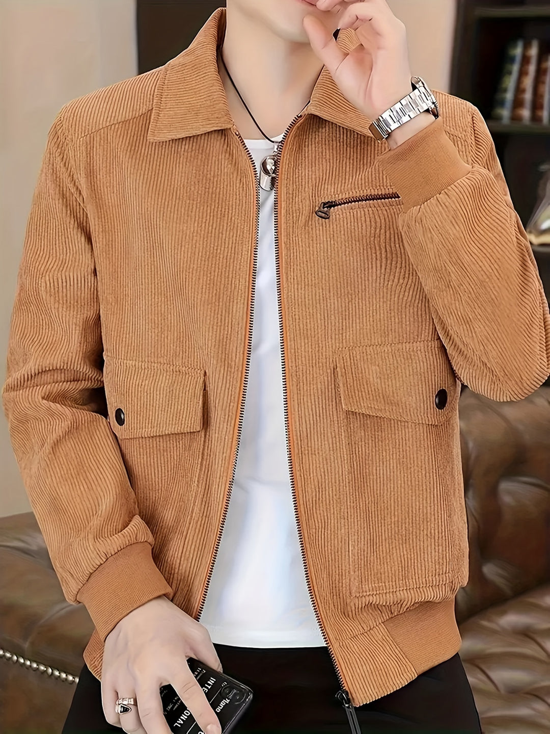Men's Corduroy Jacket with Classic Collar and Zipper Closure