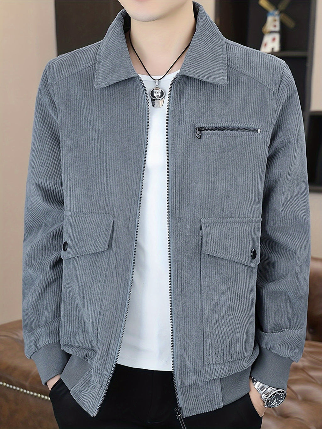 Men's Corduroy Jacket with Classic Collar and Zipper Closure