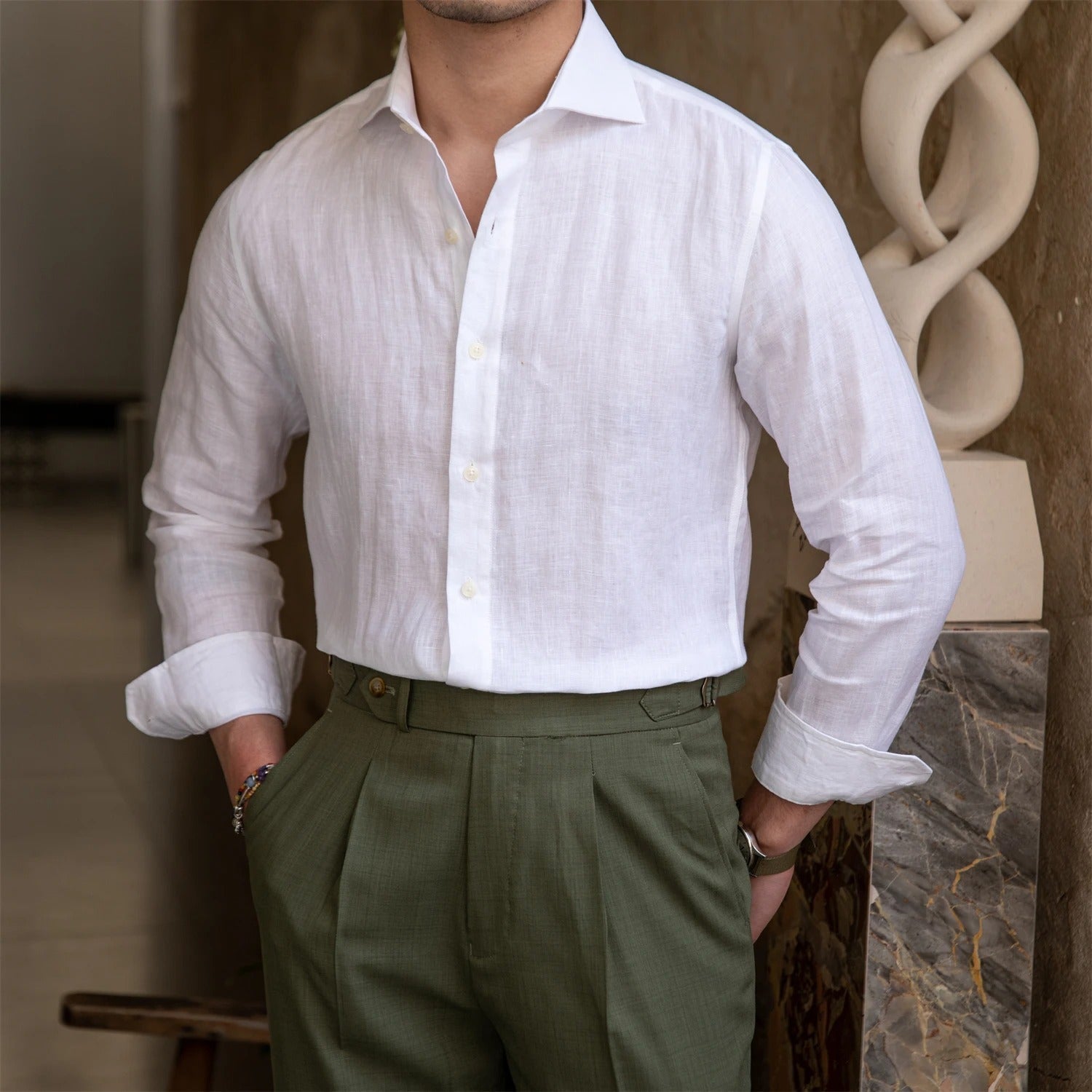Men's Linen Shirt with Spread Collar