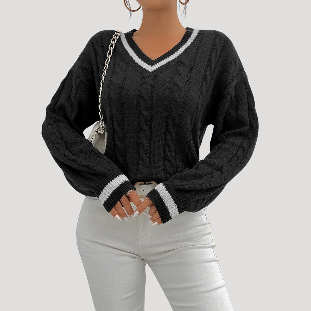 Women's V Neck Cable Knit Jumper with Contrast Trim