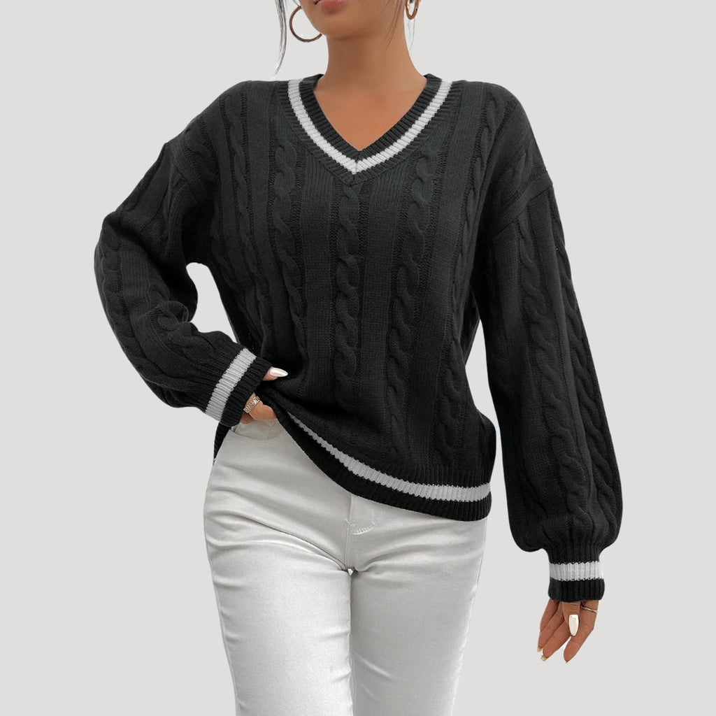 Women's V Neck Cable Knit Jumper with Contrast Trim