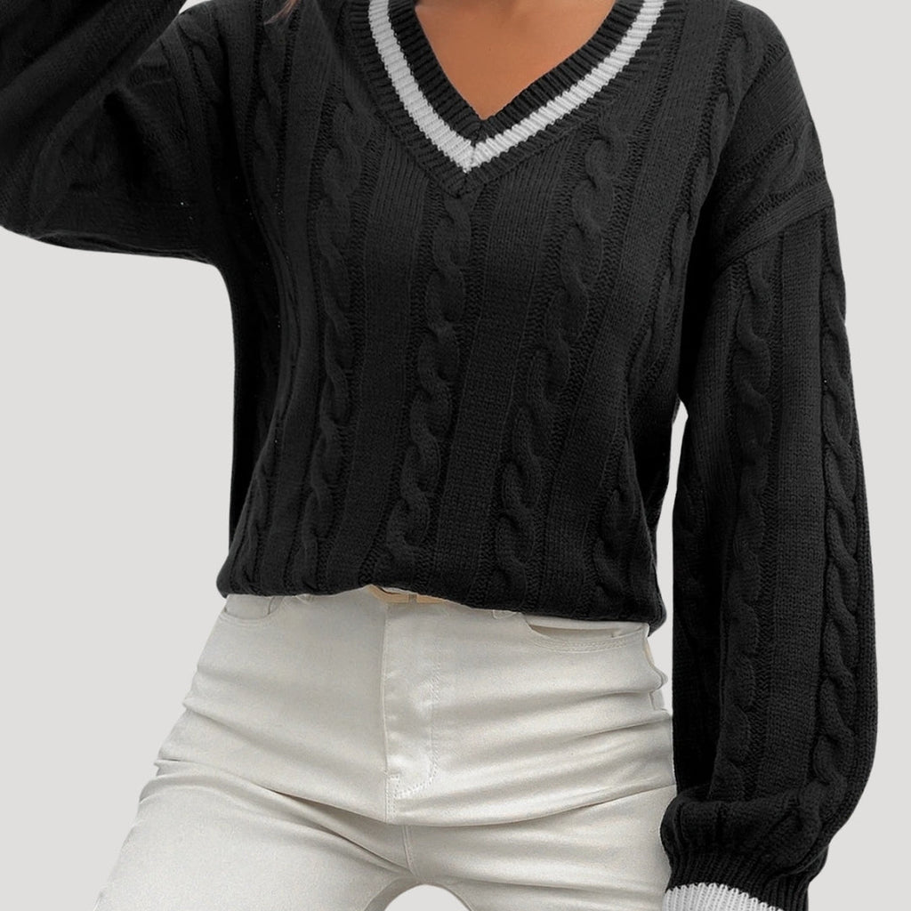 Women's V Neck Cable Knit Jumper with Contrast Trim